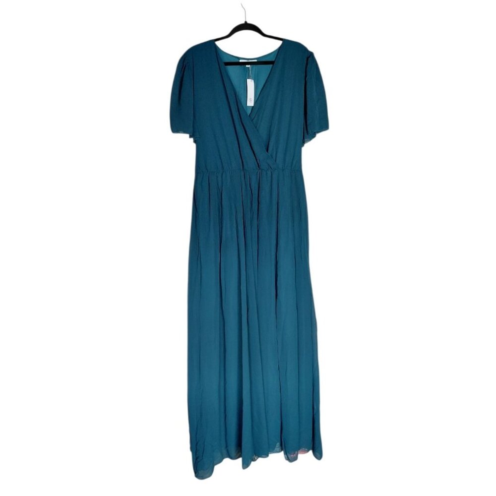 Baltic Born Vaughnie Chiffon Maxi Dress 2X Teal Belted Flutter Sleeve Front Slit